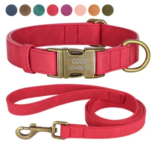 Personalized PU Leather Dog Collar Leash Set Custom Anti-lost Dog Collars with Free Engraved Metal Buckle for Small Medium Dogs
