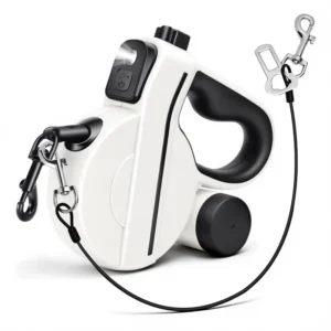 LED Retractable Dog Leash, Reflective & Tangle-Free with Poop Bag Holder for Night Safety, Black